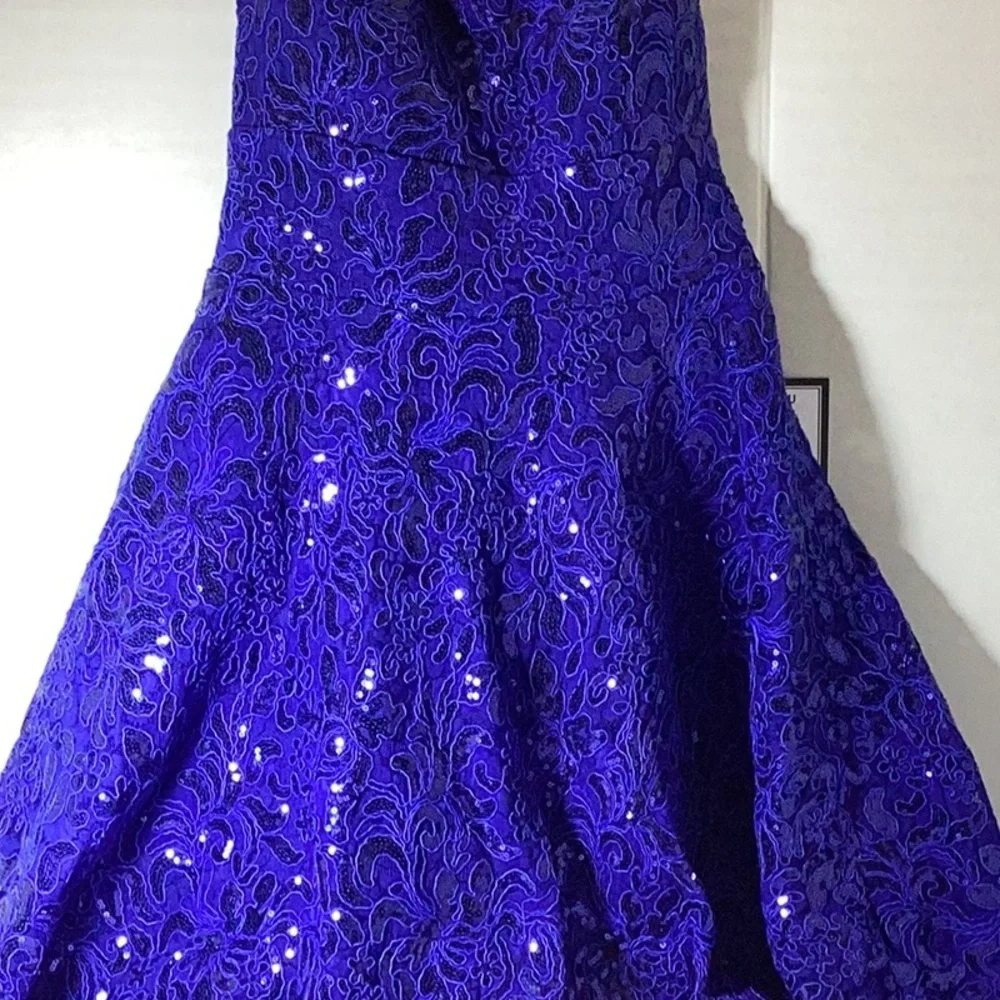 Embroidered Sequin Square Neck Spaghetti Strap Criss Cross Back Fit & Flare - Picture 8 of 10